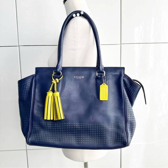 Coach Handbags - COACH Y2K Legacy Carryall Tote Navy Blue Citrine Perforated Shoulder Bag 22390